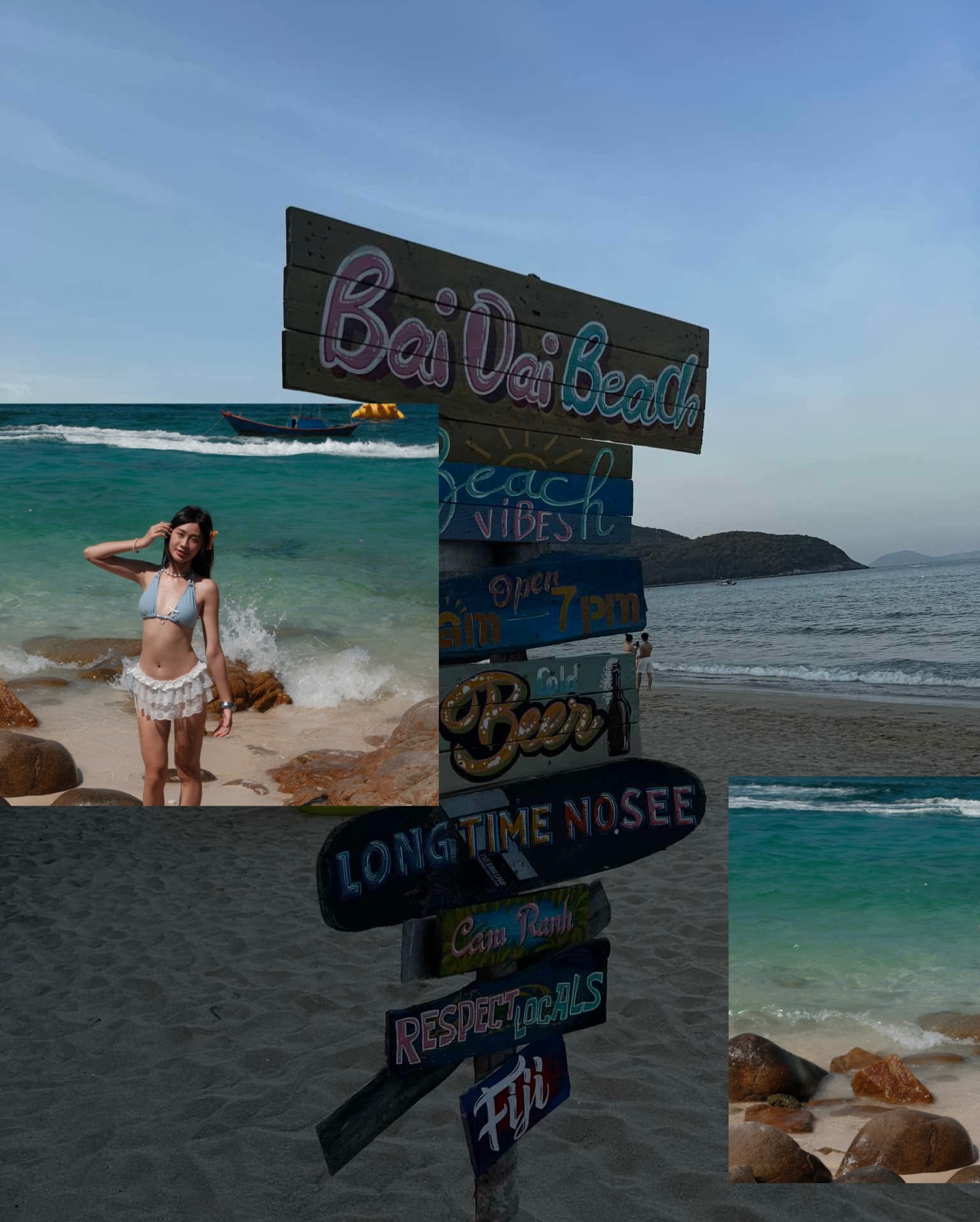 Biển Bãi Dài Nha Trang với bảng hiệu gỗ vintage và mẫu nail đi biển trong trang phục bikini trắng
